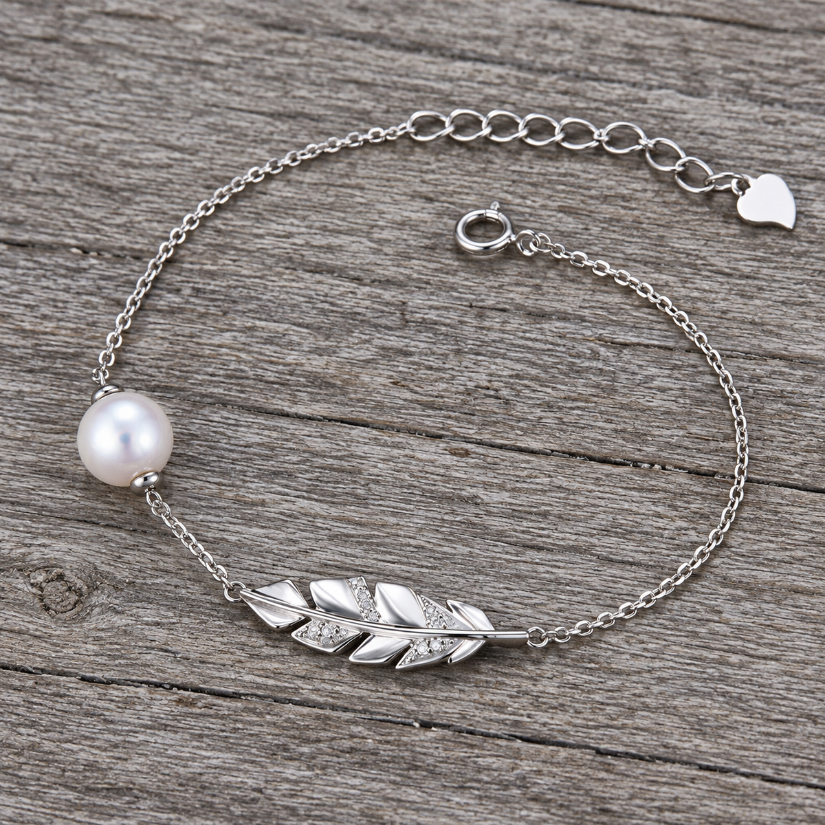 Whispering Feather Bracelet Sterling Silver with CZ Pendant