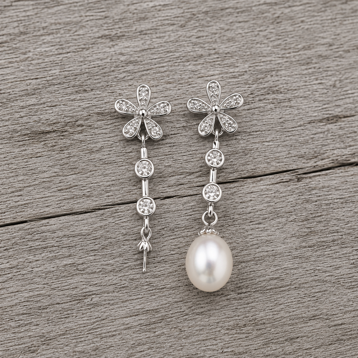 Flower Drop with Cubic Zirconia Sterling Silver Earrings