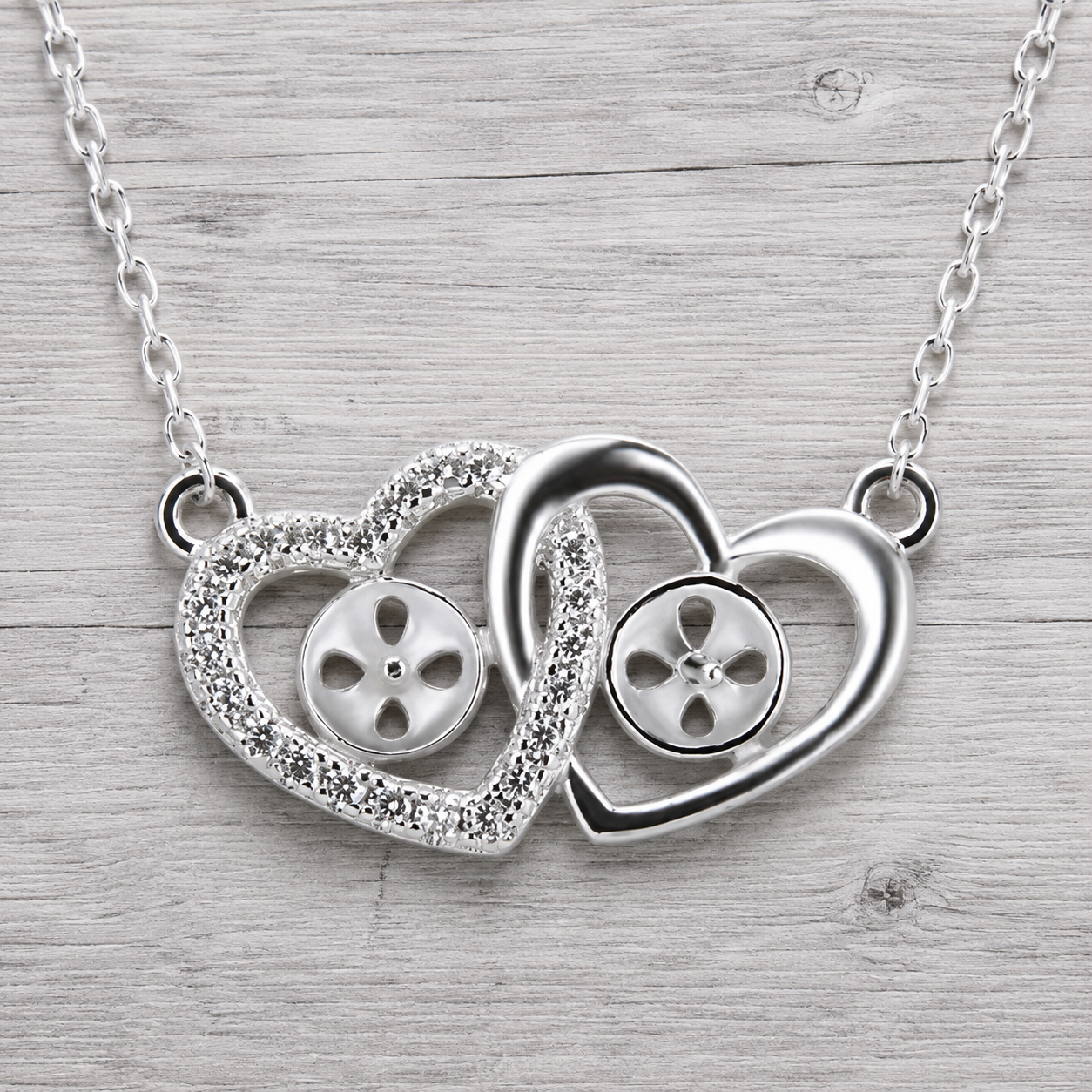 Double Heart Sterling Silver Pendant Necklace with CZ