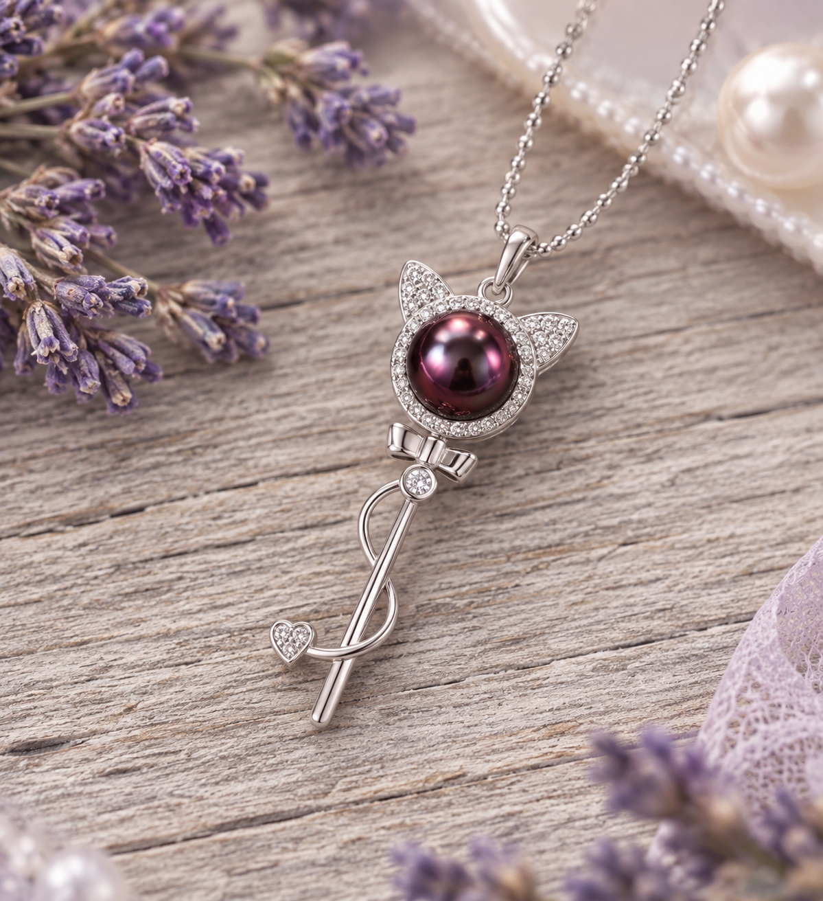 Cat on a Stick Pendant with Cubic Zirconia