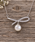 Pearl Ribbon Necklace with CZ