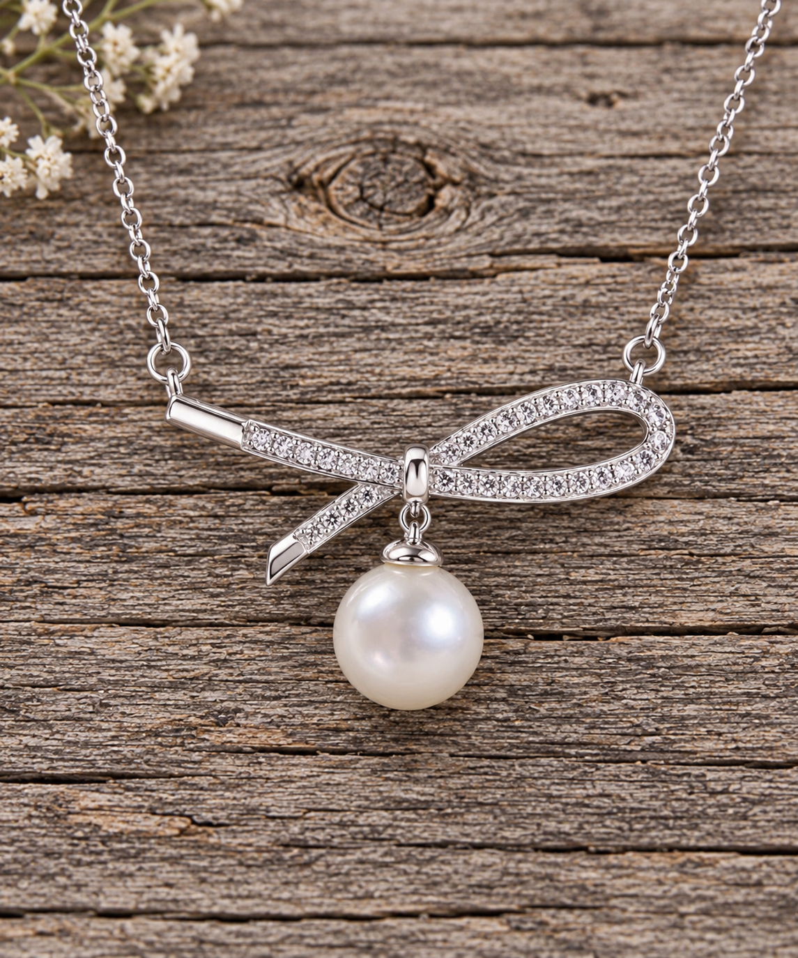 Pearl Ribbon Necklace with CZ